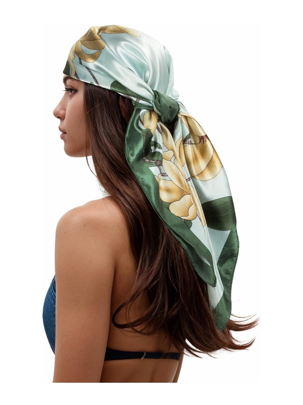 Silk Floral Headscarf in Sage Green and Yellow
